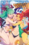  3girls abs animal_on_head antenna_hair bat_wings battle_circuit bikini blanka bracelet breasts cammy_white capcom card chun-li claws commentary company_connection crossover english_commentary fingernails furry furry_female girl_sandwich green_hair green_one-piece_swimsuit group_hug head_wings highres hug jewelry kajin_(kajinman) matt_moylan morrigan_aensland multiple_crossover multiple_girls official_art on_head one-piece_swimsuit pointy_ears purple_hair red_hair rose_(street_fighter) sandwiched second-party_source sharp_fingernails shawl side-tie_bikini_bottom sideboob smile street_fighter street_fighter_zero_(series) swimsuit thighs toned udon_entertainment vampire_(game) wings yellow_beast yellow_fur yellow_shawl 