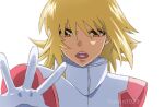  1girl artist_name blonde_hair cagalli_yula_athha determined fumiko_(mesushi) gundam gundam_seed gundam_seed_freedom looking_at_viewer open_mouth outstretched_hand pilot_suit short_hair solo teeth upper_teeth_only white_background yellow_eyes 