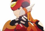  1boy armor black_eyes blonde_hair forehead_jewel highres long_hair looking_at_viewer mega_man_(series) mega_man_zero_(series) red_armor red_helmet simple_background solo twitter_username upper_body white_background yinke zero(z)_(mega_man) zero_(mega_man) 