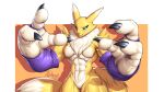 agonwolfe anthro bandai_namco black_sclera blue_eyes breasts clothing digimon digimon_(species) featureless_breasts female gloves handwear hi_res humanoid hyper_hands looking_at_viewer muscular muscular_female renamon