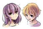  2girls alternate_hair_length alternate_hairstyle blonde_hair boa_(brianoa) brown_eyes closed_mouth hiiragi_shinoa looking_at_viewer medium_hair multiple_girls owari_no_seraph purple_eyes purple_hair sanguu_mitsuba short_hair simple_background white_background 