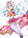  1girl :d bad_id bad_pixiv_id blue_footwear blue_wings boots breasts crystal_wings dress flower gambe gold_trim green_eyes grey_pants hair_between_eyes idol_clothes looking_at_viewer medium_breasts open_mouth pants pink_dress pink_flower pretty_series pripara purple_flower shikyoin_hibiki short_hair smile solo standing standing_on_one_leg tiara white_background wings 