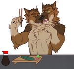  canine chopsticks conjoined eating food male mammal multi_head simple_background soy_sauce sushi tsume87 