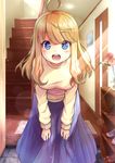  :d ahoge bad_id bad_pixiv_id bent_over blonde_hair blue_eyes blue_skirt blush breasts entrance flower hands_on_own_knees heart heart-shaped_pupils kzneet light_particles long_hair long_skirt long_sleeves looking_at_viewer medium_breasts open_mouth original picture_frame shelf shoes skirt smile solo stairs sweater symbol-shaped_pupils vase wooden_door 