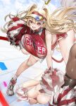 1girl blonde_hair blush breasts clay_(nikke) goddess_of_victory:_nikke huge_breasts leaning_forward long_hair looking_at_viewer open_mouth pom_pom_(cheerleading) red_eyes skirt smile solo_focus teddy_(khanshin) unaligned_breasts 