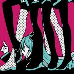  5girls aqua_eyes aqua_hair aqua_nails black_footwear boots commentary_request from_side hair_ornament halftone hatsune_miku head_rest high_heels index_finger_raised legs limited_palette long_hair long_sleeves lying machigami_yoh multiple_girls multiple_persona on_floor on_stomach open_mouth red_background standing thigh_boots vocaloid 