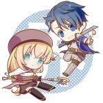  1boy 1girl agnes_claudel aqua_eyes blonde_hair blue_eyes blue_hair chibi chibi_only closed_mouth coin coin_flip commentary_request eiyuu_densetsu highres holding holding_staff holding_sword holding_weapon kai_no_kiseki long_hair momoiro_sango short_hair smile staff sword teeth van_arkride weapon white_background 