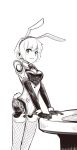  1girl absurdres aegis_(persona) android animal_ears boa_(brianoa) bow bowtie breasts bunny_ears bunny_girl bunny_tail bunnysuit commentary detached_collar fake_animal_ears fishnets highres looking_at_viewer monochrome persona persona_3 short_hair simple_background solo tail white_background wrist_cuffs 