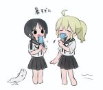  2girls ahoge alternate_costume black_eyes black_hair black_sailor_collar black_skirt blonde_hair chito_(shoujo_shuumatsu_ryokou) closed_eyes contemporary cropped_legs eating food food_in_mouth holding holding_food holding_popsicle long_hair low_twintails melting multiple_girls nuko_(shoujo_shuumatsu_ryokou) pleated_skirt ponytail popsicle popsicle_in_mouth ri_(qrcode) sailor_collar short_hair shoujo_shuumatsu_ryokou skirt twintails white_background yuuri_(shoujo_shuumatsu_ryokou) 