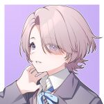  1girl arimura_mao blazer blue_ribbon gakuen_idolmaster hair_over_one_eye idolmaster jacket looking_at_viewer mikapoe neck_ribbon outline pink_hair portrait purple_eyes ribbon school_uniform simple_background smile solo sweater_vest two-tone_background white_outline 