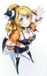  alternate_costume ayase_eli black_legwear blonde_hair blue_eyes breasts candy cleavage food from_above garter_straps halloween_costume hand_on_hip hat high_ponytail highres large_breasts long_hair looking_at_viewer looking_up love_live! love_live!_school_idol_festival love_live!_school_idol_project mini_hat shiimai smile solo thighhighs 