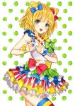  1girl :d apple blonde_hair blue_bow blue_eyes blunt_bangs bow cowboy_shot double_bun dress food fruit gambe green_apple hair_bow hair_bun hands_up heart heart_hands idol_clothes layered_dress looking_at_viewer minami_mirei multicolored_clothes multicolored_dress open_mouth pretty_series pripara red_bow short_hair sleeveless sleeveless_dress smile solo standing thighhighs 