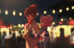  2girls :3 :d ahoge bad_id bad_pixiv_id black-framed_eyewear blue_kimono blunt_bangs blurry blurry_background blush bow brown_eyes brown_hair candy_apple commentary_request double_bun food food_theft glasses green_eyes hair_bow hair_bun hair_up hand_up highres holding holding_food indirect_kiss japanese_clothes kimono lantern long_sleeves looking_at_another manaka_laala manaka_laala_(young) minami_mirei minami_mirei_(normal) multiple_girls night night_sky open_mouth outdoors pretty_series pripara profile purple_hair red_bow ruru_ashihara semi-rimless_eyewear short_hair sidelocks sky smile summer_festival under-rim_eyewear upper_body wide_sleeves yellow_kimono yukata 