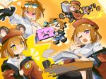  &gt;_&lt; +_+ 2girls beret black_gloves black_thighhighs blush breasts censored chesed_(uporyz) chibi closed_mouth coat coffee_mug commission cup dinergate_(girls&#039;_frontline) doughnut dressing eyewear_on_head food girls&#039;_frontline gloves grizzly_mkv_(girls&#039;_frontline) grizzly_mkv_(teddy_transform!)_(girls&#039;_frontline) hair_intakes hat highres large_breasts long_sleeves looking_at_viewer medium_hair mug multiple_girls off_shoulder one_eye_closed open_clothes open_mouth open_shirt paper_stack purple_eyes red_beret red_coat shirt skeb_commission small_breasts smile sweatdrop thighhighs white_shirt 