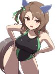  1girl animal_ears bare_shoulders black_one-piece_swimsuit breasts brown_eyes brown_hair competition_swimsuit covered_navel cowboy_shot ear_covers hands_on_own_hips horse_ears horse_girl horse_tail king_halo_(umamusume) large_breasts long_hair looking_at_viewer one-piece_swimsuit open_mouth parted_bangs pataneet simple_background solo swimsuit tail thighs umamusume wavy_hair white_background 