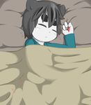  bed black_hair cover cub eyes_closed feline fur hair male male/male mammal pillow white_fur yarnjelly young 
