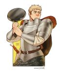  1boy :t armor artist_logo artist_name backpack bag bara blonde_hair bracer brown_bag closed_mouth dungeon_meshi english_commentary food food_on_face frying_pan hands_up highres holding holding_frying_pan laios_touden long_sleeves male_focus orange_eyes pauldrons sheath sheathed short_hair shoulder_armor solo sword undercut very_short_hair weapon yeiko_art 