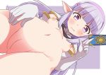  1girl blush bottomless breasts elf elnowar_seylan endro! looking_at_viewer naruse_mai nipples pointy_ears purple_eyes purple_hair pussy small_breasts smile solo topless 