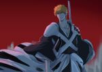  1boy armor artist_name asure_(asure_twi) black_kimono bleach bleach:_sennen_kessen-hen blurry blurry_background brown_eyes closed_mouth collarbone hair_between_eyes highres japanese_clothes kimono kurosaki_ichigo male_focus orange_hair red_sky shihakusho shoulder_armor sky solo spiked_hair true_zangetsu_(shikai) twitter_username weapon weapon_on_back wide_sleeves 