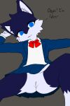 absurd_res anthro blue_body blue_bottomwear blue_clothing blue_eyes blue_fur blue_skirt blue_topwear blue_vest bottomwear button_(fastener) clothed clothing dialogue domestic_cat felid feline felis female fur hi_res hikari_(hikaridraws) hikaridraws looking_at_viewer lying mammal necktie no_underwear on_back red_necktie school_uniform shirt skirt smile solo text topwear uniform upskirt vest white_body white_clothing white_fur white_shirt white_topwear yellow_button