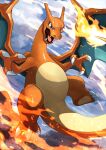  absurdres blue_eyes charizard claws colored_skin fangs fiery_tail fire highres lizard midair orange_skin pokemon pokemon_(creature) solo tail tesshii_(riza4828) 