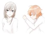  2girls black_hair blue_eyes closed_eyes closed_mouth commentary_request highres koito_yuu long_hair long_sleeves lying multiple_girls nanami_touko nyamo on_side orange_hair short_hair simple_background sleeping white_background yagate_kimi_ni_naru 