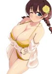  1girl bikini blue_eyes braid breasts brown_hair cleavage cowboy_shot emma_verde flower freckles hair_flower hair_ornament highres large_breasts long_hair looking_at_viewer love_live! love_live!_nijigasaki_high_school_idol_club one_eye_closed open_clothes open_shirt pisagi shirt simple_background solo swimsuit twin_braids white_background white_shirt yellow_bikini 