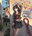  absurdres artist_name black_hair blue_eyes blurry contrapposto crop_top crop_top_overhang crossed_legs dated day depth_of_field gloves graffiti hand_on_hip hand_on_own_head highres kill_la_kill looking_at_viewer matoi_ryuuko midriff multicolored_hair navel newx red_hair senketsu single_glove solo standing suspenders trash_bag utility_pole 