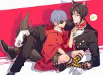  2boys al_(ahr) animal_ears argyle_clothes argyle_thighhighs black_footwear black_hair black_jacket blue_hair bow bowtie buttons capelet chain ciel_phantomhive collar collared_shirt earrings eyepatch gloves grey_shorts highres holding holding_chain jacket jewelry kemonomimi_mode kuroshitsuji looking_at_another male_focus multiple_boys musical_note red_background red_bow red_bowtie red_capelet red_collar red_eyes sebastian_michaelis shirt shorts speech_bubble spoken_musical_note tail white_background white_gloves white_shirt wolf_boy wolf_ears wolf_tail yaoi 