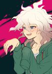  1boy :d absurdres black_background collarbone danganronpa_(series) danganronpa_2:_goodbye_despair green_jacket grey_eyes grey_hair grey_shirt hair_between_eyes hands_up highres jacket komaeda_nagito long_hair messy_hair open_clothes open_jacket pink_background shirt smile solo teeth youko-shima 