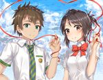  1girl bad_id bad_pixiv_id black_hair blush bow bowtie brown_eyes brown_hair cloud cloudy_sky day eyebrows eyebrows_visible_through_hair green_eyes hair_ribbon hakuishi_aoi kimi_no_na_wa looking_at_viewer miyamizu_mitsuha necktie red_bow red_neckwear red_string ribbon school_uniform short_hair short_sleeves sky smile string striped striped_neckwear tachibana_taki upper_body 