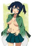  black_hair blue_eyes blush breasts groin highres kantai_collection large_breasts navel okuba open_clothes short_twintails solo souryuu_(kantai_collection) sweat twintails underboob 
