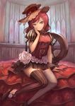  black_footwear black_legwear black_skirt fabric hand_on_own_cheek indoors kawahara_ryuuta looking_at_viewer love_live! love_live!_school_idol_project nishikino_maki red_hair shoes sitting skirt smile solo spindle striped striped_legwear 