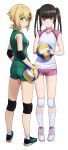  2girls akatsuki_kirika ankle_socks ball black_hair blonde_hair breasts cross_hair_ornament elbow_pads full_body green_eyes hair_between_eyes hair_ornament holding holding_ball knee_pads kneehighs long_hair looking_at_viewer medium_breasts medium_hair multiple_girls pink_eyes senki_zesshou_symphogear shirt shoes short_short simple_background sleeveless sleeveless_shirt small_breasts sneakers socks sportswear tsukamoto_kensuke tsukuyomi_shirabe twintails volleyball_(object) volleyball_uniform white_background 