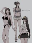  1girl baseball_cap bikini bikini_skirt bikini_under_clothes black_bikini black_hair breasts crop_top final_fantasy final_fantasy_vii final_fantasy_vii_ever_crisis final_fantasy_vii_rebirth final_fantasy_vii_remake fingerless_gloves flower frayed_skirt frilled_bikini_top front-tie_top gloves ha_lu77 hat highres looking_at_viewer looking_back microskirt official_alternate_costume official_alternate_hairstyle skirt standing swimsuit tifa_lockhart tifa_lockhart_(lifeguard) tifa_lockhart_(shining_spirit) toned 