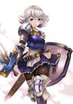  armor armored_dress belt black_legwear blue_armor blue_dress blue_eyes breastplate cowboy_shot curly_hair dress farrah_(granblue_fantasy) frilled_dress frilled_skirt frills granblue_fantasy hair_between_eyes knee_pads looking_at_viewer pauldrons ryouku scabbard sheath shield silver_hair skirt smile solo sword weapon white_background 