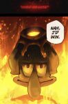  1boy captain_magma close-up commentary english_commentary english_text fire goldenpenhd helmet highres jujutsu_kaisen male_focus meme nah_i&#039;d_win_(meme) parody solo spongebob_squarepants_(series) squidward_tentacles 