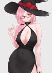  1girl absurdres black_dress bluefield braid breasts cleavage covered_navel dress glasses hat highres hololive hololive_english large_breasts long_hair looking_at_viewer mama_mori mature_female pink_eyes pink_hair smile virtual_youtuber witch_hat 