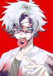 1boy blood blood_on_clothes blood_on_face blue_eyes chinese_commentary commentary_request doughnut food food_in_mouth glasses grey_shirt hand_up highres kanou_aogu lab_coat male_focus muyan-sqy open_clothes portrait rectangular_eyewear red_background saibou_shinkyoku semi-rimless_eyewear shirt short_hair simple_background smile solo white_hair 