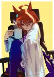  1girl agnes_tachyon_(umamusume) ahoge animal_ears border bow brown_hair closed_mouth coat coffee_mug commentary_request cup earrings feet_out_of_frame highres holding holding_cup horse_ears horse_girl horse_tail jewelry lab_coat long_sleeves messy_hair mug natsunori on_chair open_clothes open_coat outside_border pleated_skirt purple_serafuku purple_shirt purple_skirt purple_thighhighs red_eyes sailor_collar school_uniform serafuku shirt short_hair simple_background single_earring sitting skirt smile solo tail thighhighs tracen_school_uniform umamusume white_border white_bow white_coat winter_uniform yellow_background 