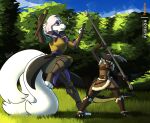  arctic_fox armor belt black_body bo_staff canid canine club_(weapon) female feretta forest fox fur hair hi_res horn kobold mammal melee_weapon multi_tail nightstick pink_eyes plant prosthetic prosthetic_arm prosthetic_limb purple_eyes purple_hair rey_(reaperonico) size_difference surprise tail tree true_fox weapon white_body white_fur 