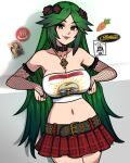  1girl akairiot bare_shoulders black_eyeshadow black_lips breasts commentary english_commentary eyeshadow fishnet_armwear fishnets goth_fashion green_eyes green_hair highres jewelry kid_icarus kid_icarus_uprising large_breasts long_hair looking_at_viewer makeup midriff navel palutena ring solo very_long_hair 