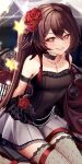  1girl absurdres alternate_costume arm_strap arms_behind_back asahi_(vjss4548) black_choker breasts brown_hair choker collarbone fishnet_thighhighs fishnets flower genshin_impact grey_skirt grin hair_between_eyes hair_flower hair_ornament highres hu_tao_(genshin_impact) long_hair looking_at_viewer miniskirt pleated_skirt red_eyes red_flower red_ribbon red_rose ribbon rose sitting skirt small_breasts smile solo symbol-shaped_pupils thighhighs twintails 