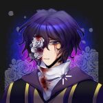  1boy blood blood_on_clothes blood_on_face blood_on_flower chinese_commentary commentary_request flower flower_over_eye gold_trim grey_eyes male_focus portrait purple_hair rose saibou_shinkyoku shirt short_hair solo stole utsugi_noriyuki white_flower white_rose white_shirt xuanyi-menghuan 