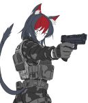  1girl animal_ears black_hair cat_ears cat_tail closed_mouth gloves grey_gloves gun handgun highres holding holding_gun holding_weapon pixcy_(pixcy5) red_bag red_eyes red_hair short_hair tactical_clothes tail weapon white_background 