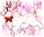 2018 ambiguous_gender antlers black_eyebrows bow_tie brown_antlers brown_eyes cel_shading digital_drawing_(artwork) digital_media_(artwork) digitigrade eyebrows feral floral_background full-length_portrait fur head_tuft horn inner_ear_fluff jackalope jaspering lagomorph mammal markings outline pattern_background pink_inner_ear pink_inner_ear_fluff pink_theme portrait red_bow_tie scut_tail shaded sharp_teeth short_tail side_view simple_background smile snout solo spots spotted_body spotted_fur tail teeth tuft white_body white_fur white_outline