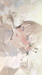  1girl blurry blurry_foreground blush coat eyelashes flower fur-trimmed_coat fur_trim grey_eyes grey_hair hair_between_eyes hair_flower hair_ornament highres leaf lips long_hair long_sidelocks looking_at_viewer original parted_lips portrait solo teeth totomong white_coat white_flower 