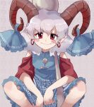  1girl bare_shoulders blue_dress blue_ribbon blush breasts closed_mouth commentary_request curly_hair daiwa_uho dress earrings feet_out_of_frame grey_background happy head_tilt highres holding holding_spork horn_ornament horn_ribbon horns jewelry looking_at_viewer meandros medium_hair oversized_object patterned_clothing pointy_ears red_horns red_sleeves ribbon sheep_horns simple_background small_breasts smile solo spork squatting touhou toutetsu_yuuma unfinished_dream_of_all_living_ghost upper_body utensil 