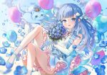  1girl balloon blue_bow blue_cat blue_dress blue_eyes blue_flower blue_footwear blue_hair blue_sky blunt_bangs blush bow cat character_request cloud cloudy_sky copyright_request crown day detached_collar dress elbow_gloves floating floating_clothes flower flower_ornament frilled_dress frills gloves gradient_hair hair_flower hair_ornament hair_ribbon happy highres long_hair multicolored_hair nekoyashiki_pushio nemophila_(flower) open_mouth outdoors ribbon sky socks solo tongue virtual_youtuber white_flower white_gloves white_ribbon white_socks 