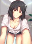  1girl all_fours black_hair blurry blurry_background bokeh bra bra_peek breasts brown_eyes cleavage closed_mouth collarbone depth_of_field downblouse expressionless highres indoors iro_(sekaixiro) kara_no_kyoukai lace-trimmed_bra lace_trim looking_at_viewer medium_breasts medium_hair parted_bangs red_eyes ryougi_shiki shirt short_hair short_shorts short_sleeves shorts sidelocks solo t-shirt thighs type-moon underwear white_shirt 